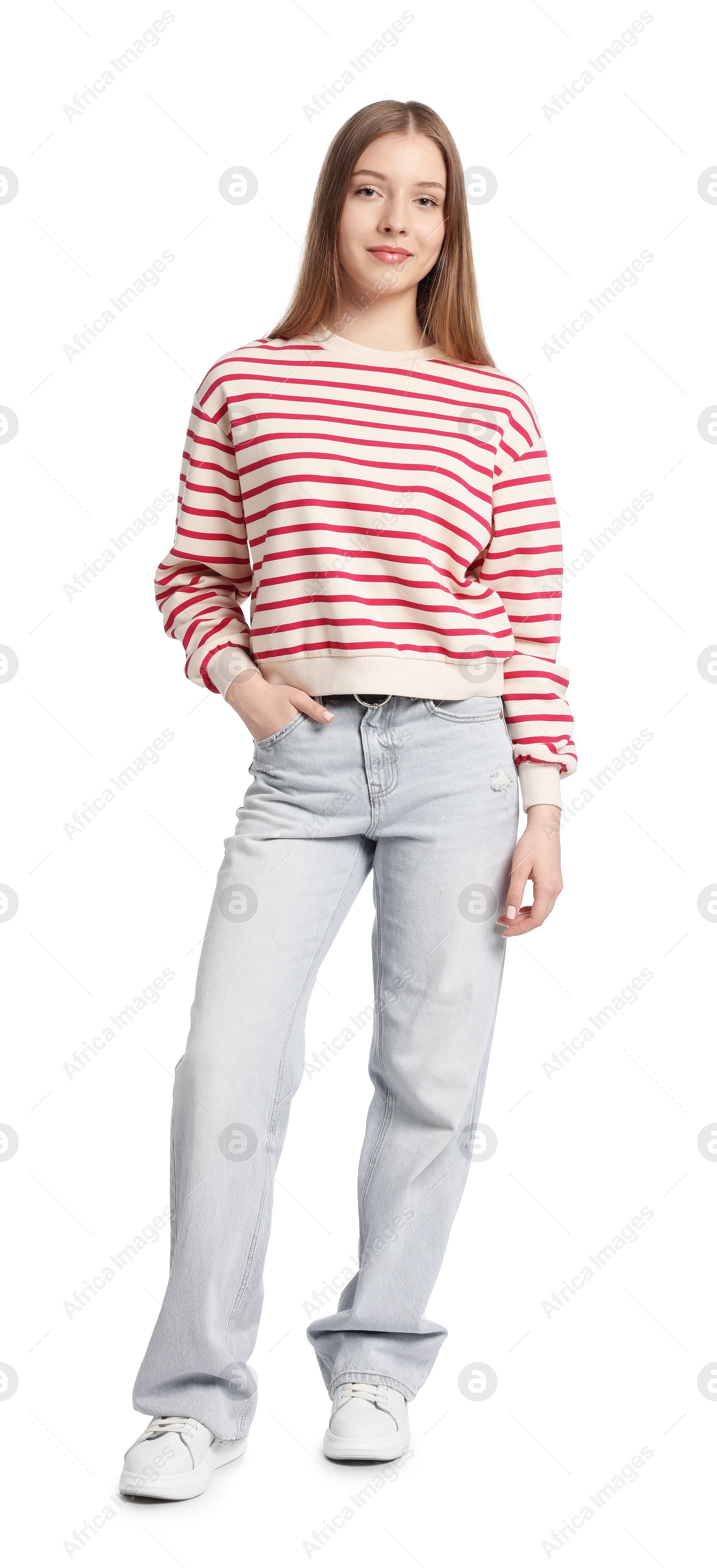 Photo of Full length portrait of teenage girl on white background