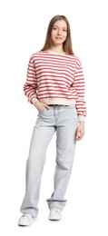 Photo of Full length portrait of teenage girl on white background