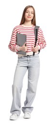 Photo of Teenage girl with laptop and backpack on white background