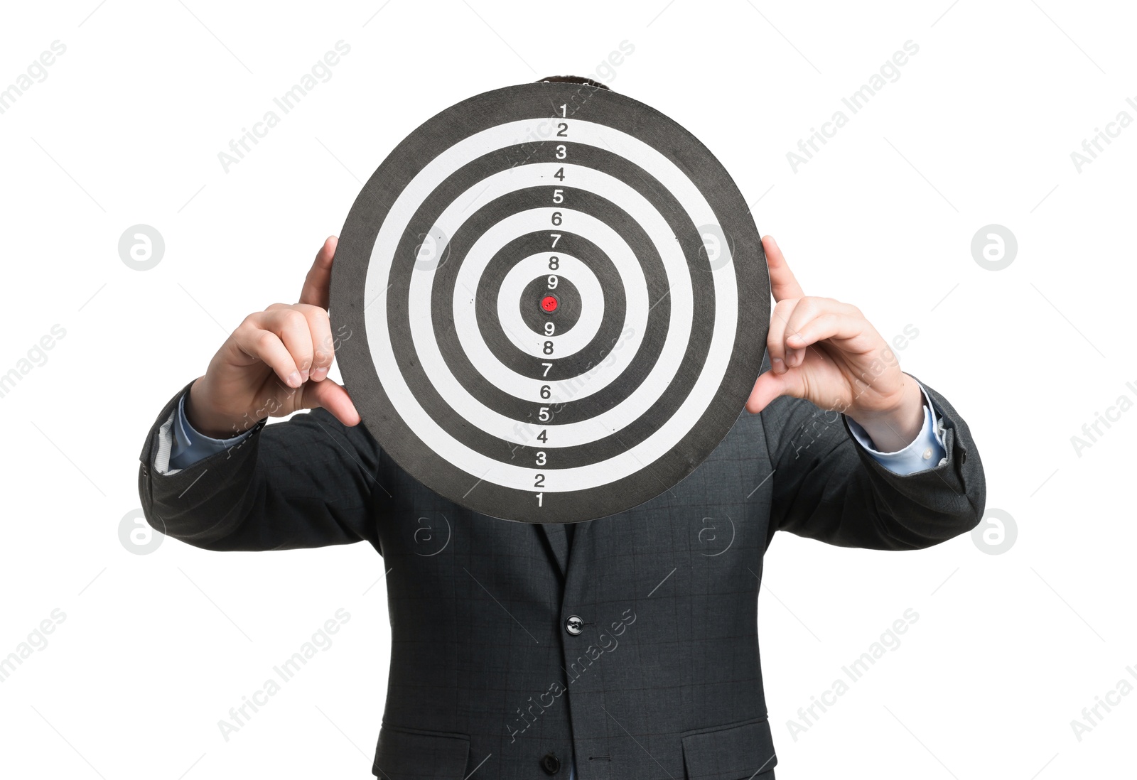 Targeting. Man with dart board on white background Photo of Targeting. Man with dart board on white background