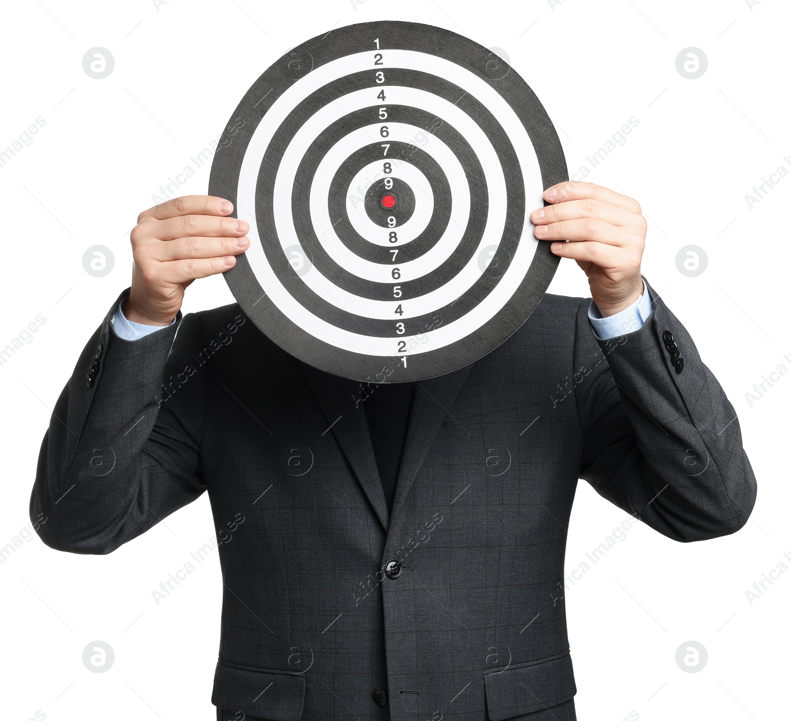 Targeting. Man with dart board on white background Photo of Targeting. Man with dart board on white background
