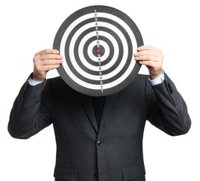 Photo of Targeting. Man with dart board on white background