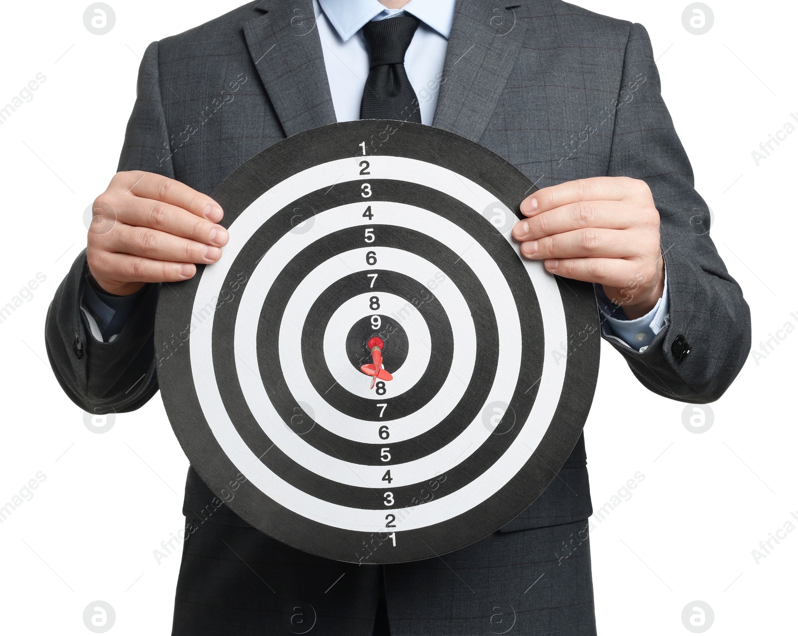 Targeting. Man with dart board on white background, closeup Photo of Targeting. Man with dart board on white background, closeup
