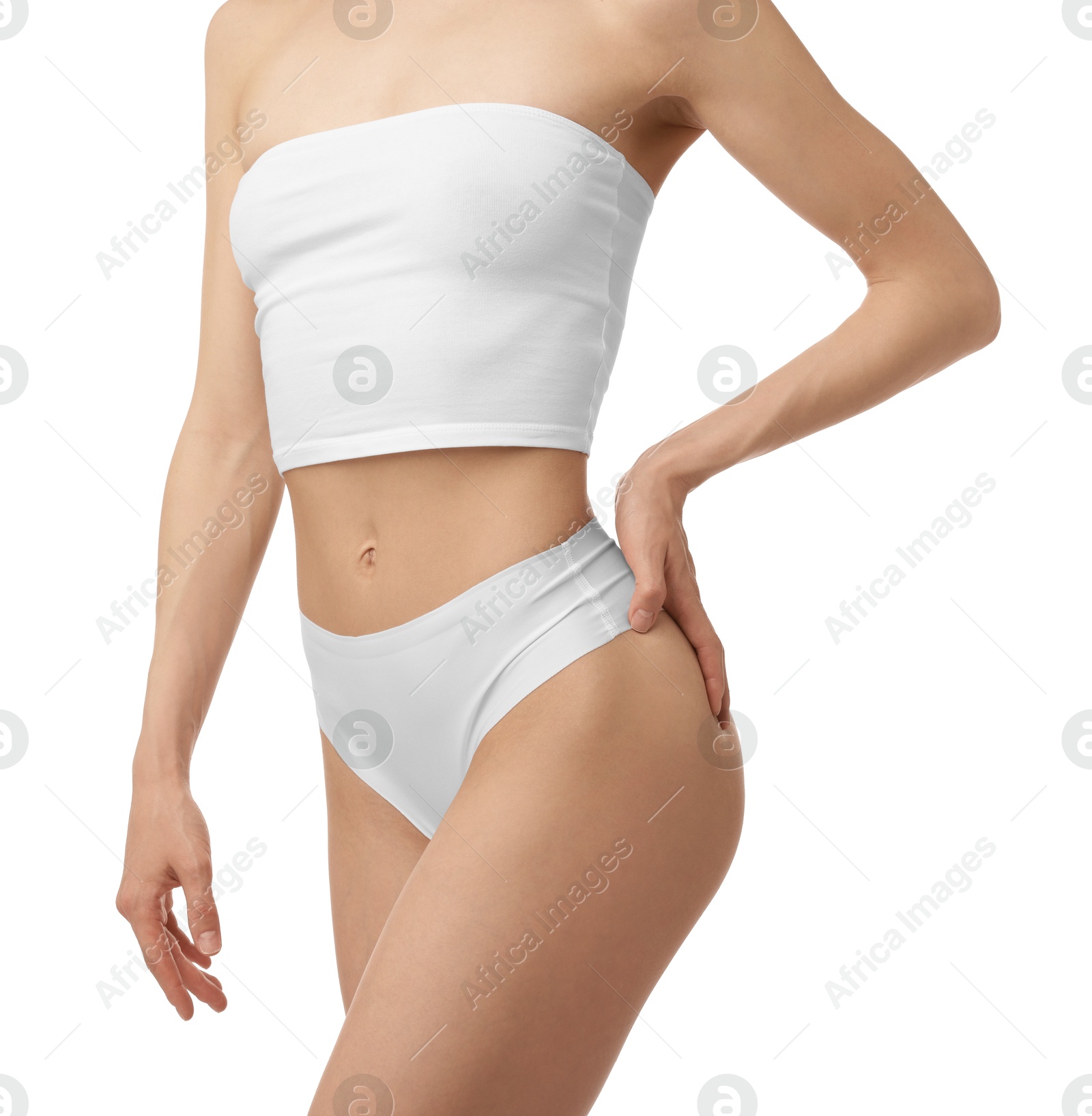 Woman with perfect slim body on white background, closeup Photo of Woman with perfect slim body on white background, closeup