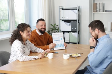 Photo of Colleagues eating and discussing work during lunch break in office