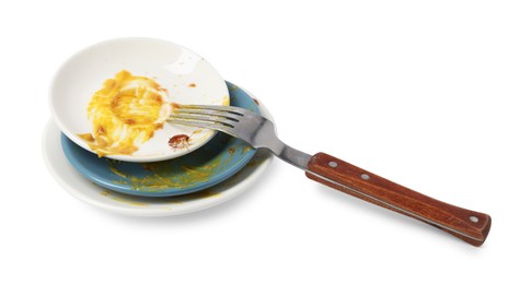 Photo of Cockroach crawling on dirty dishes against white background