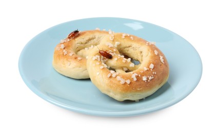 Photo of Cockroaches crawling on salted pretzels against white background