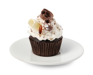 Photo of Cockroach crawling on cupcake against white background