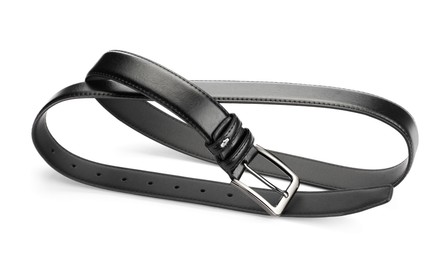 Photo of One black leather belt isolated on white