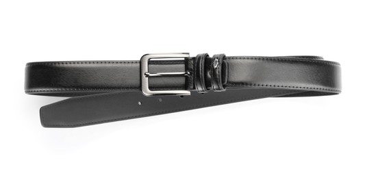 Photo of One black leather belt isolated on white
