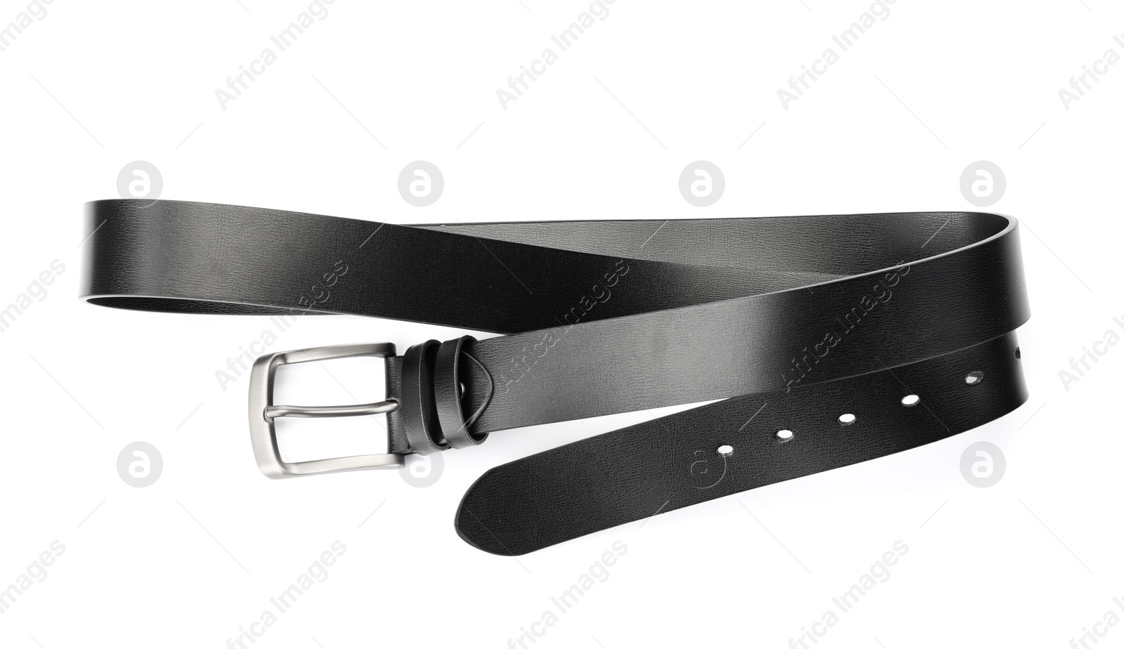 One black leather belt isolated on white Photo of One black leather belt isolated on white
