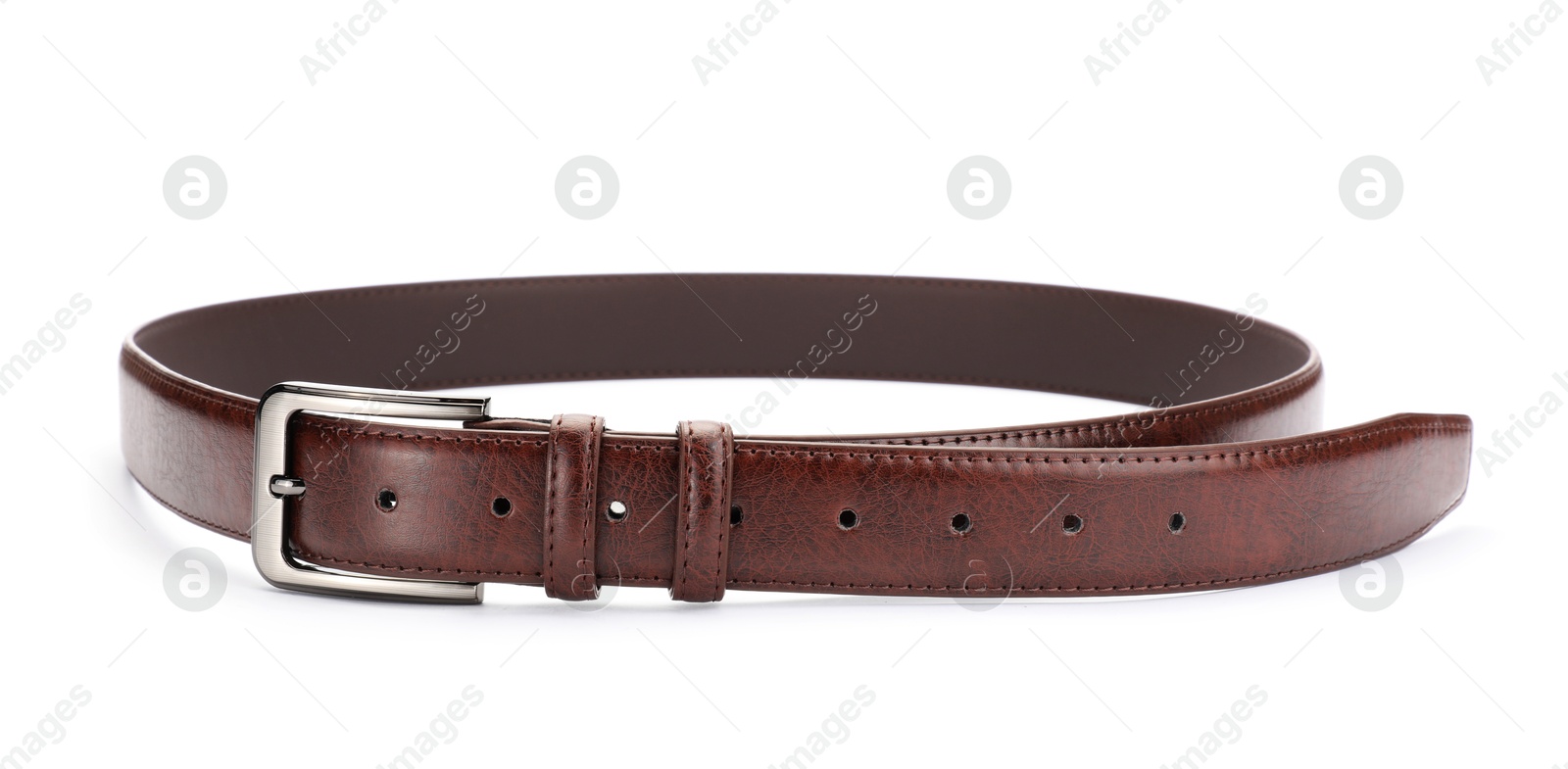 One brown leather belt isolated on white Photo of One brown leather belt isolated on white