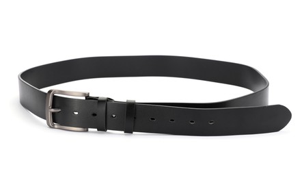 Photo of One black leather belt isolated on white