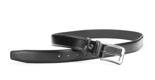 Photo of One black leather belt isolated on white