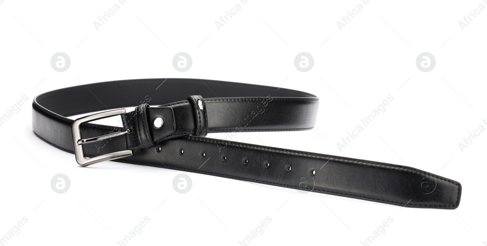 One black leather belt isolated on white Photo of One black leather belt isolated on white