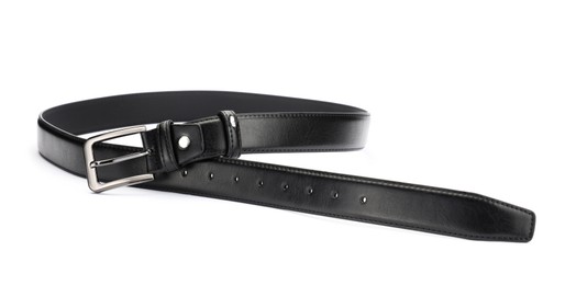 Photo of One black leather belt isolated on white