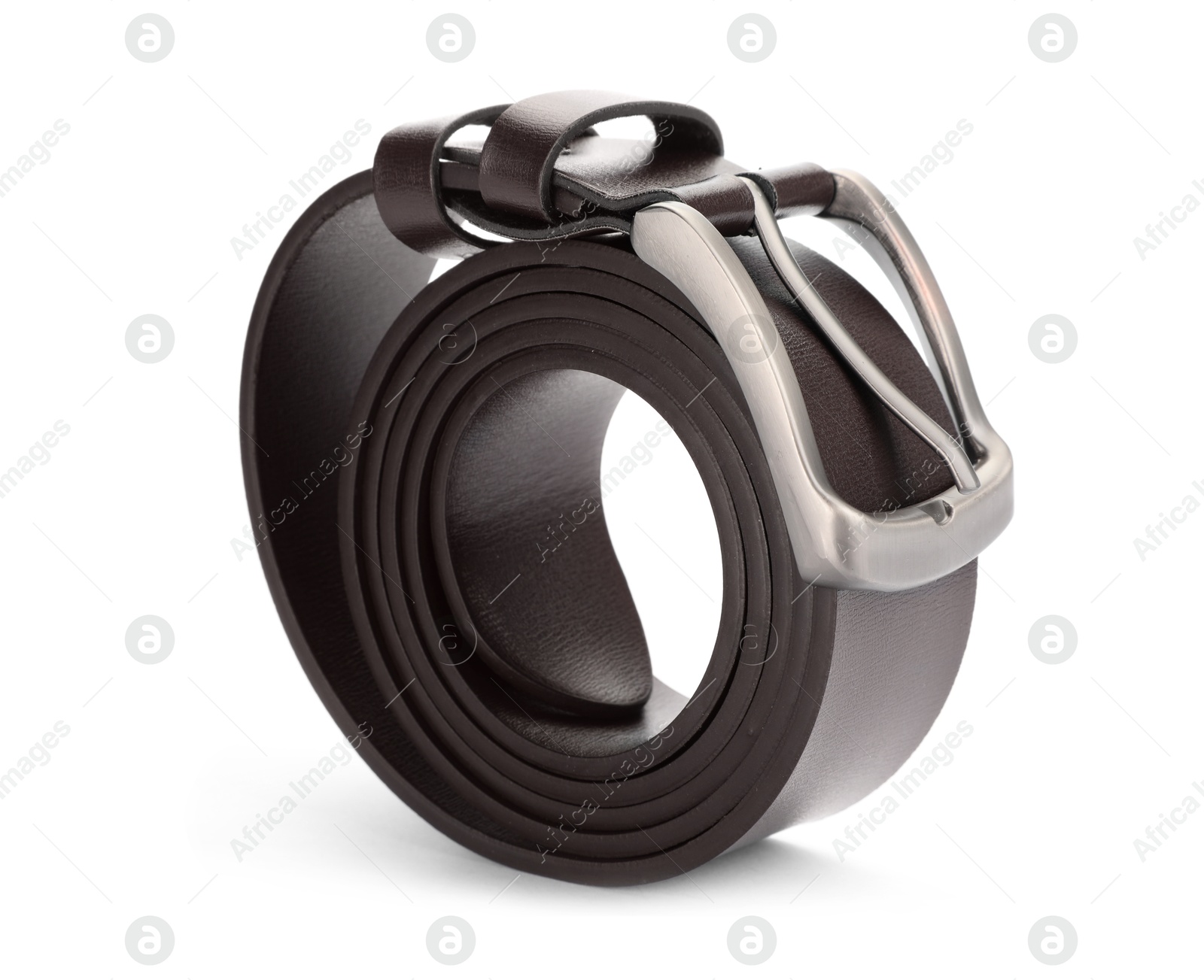One brown leather belt isolated on white Photo of One brown leather belt isolated on white