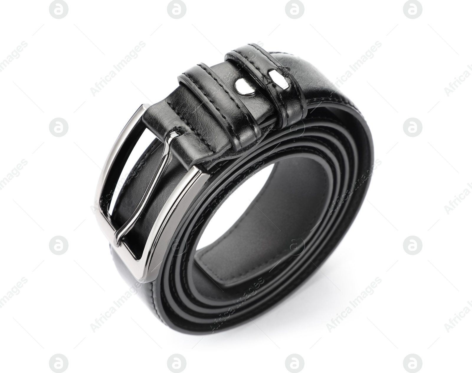 One black leather belt isolated on white Photo of One black leather belt isolated on white