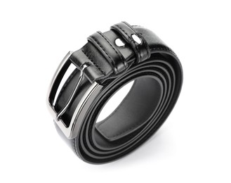 Photo of One black leather belt isolated on white