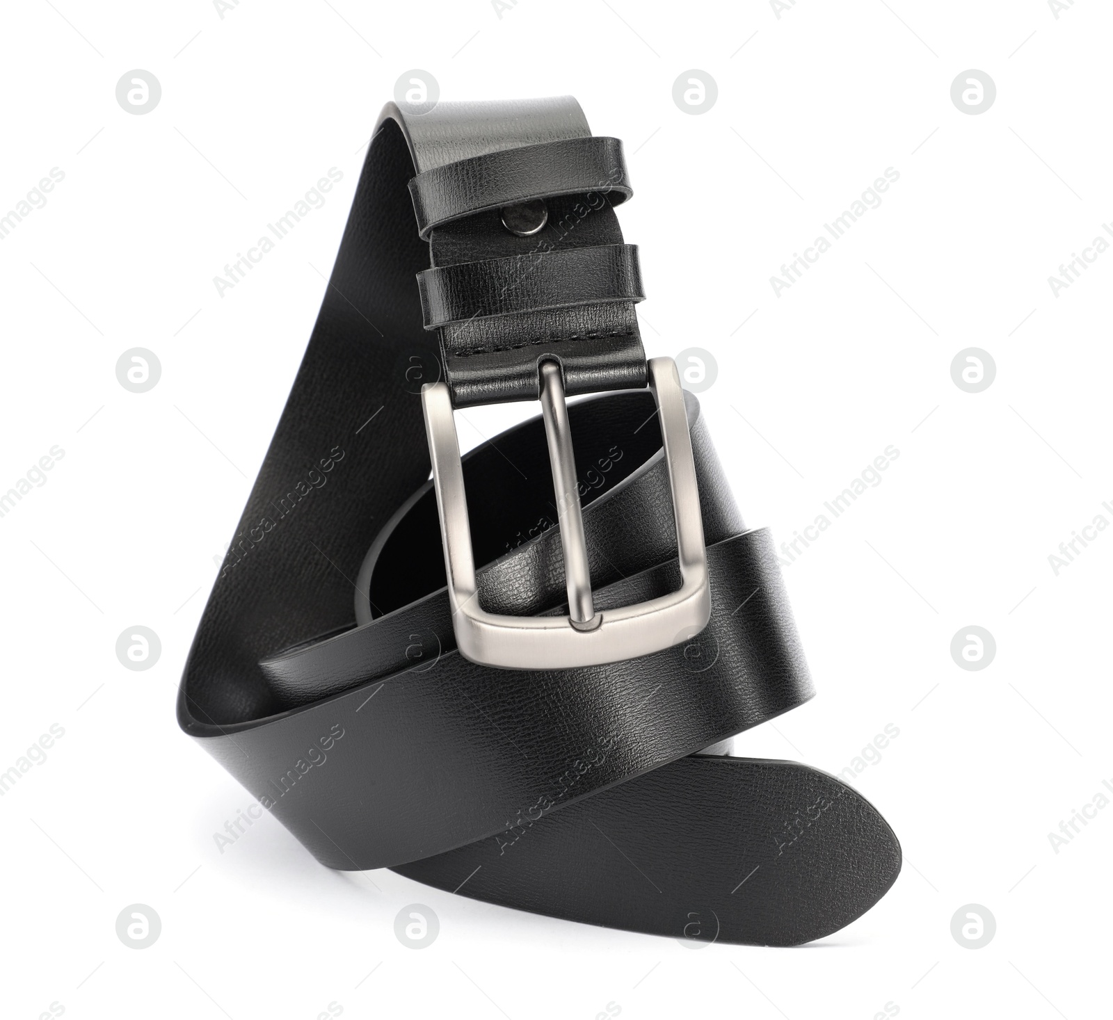 One black leather belt isolated on white Photo of One black leather belt isolated on white