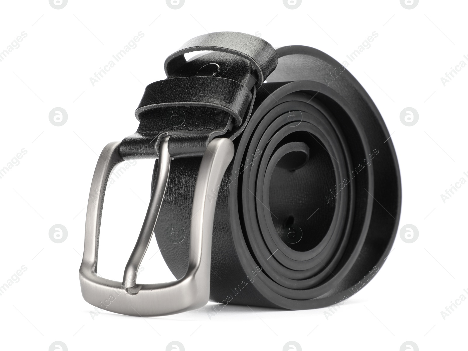 One black leather belt isolated on white Photo of One black leather belt isolated on white