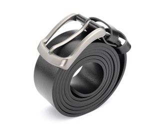 Photo of One black leather belt isolated on white