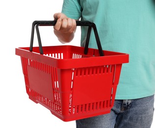 Photo of Man with empty shopping basket on white background, closeup
