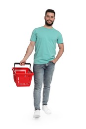 Photo of Man with empty shopping basket on white background