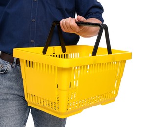 Photo of Man with empty shopping basket on white background, closeup