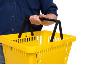 Photo of Man with empty shopping basket on white background, closeup