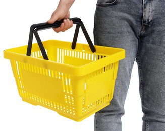 Photo of Man with empty shopping basket on white background, closeup