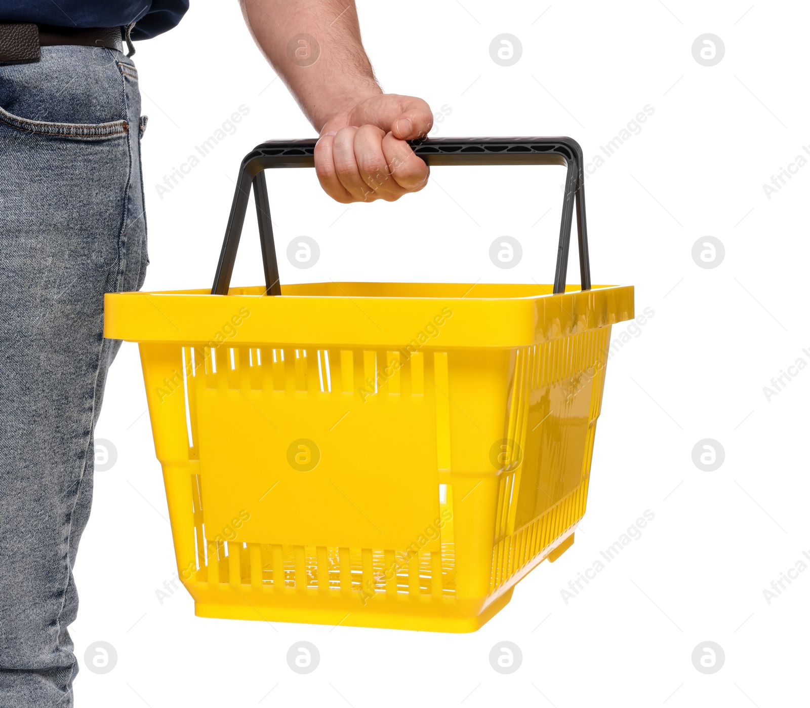 Man with empty shopping basket on white background, closeup Photo of Man with empty shopping basket on white background, closeup