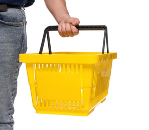 Photo of Man with empty shopping basket on white background, closeup