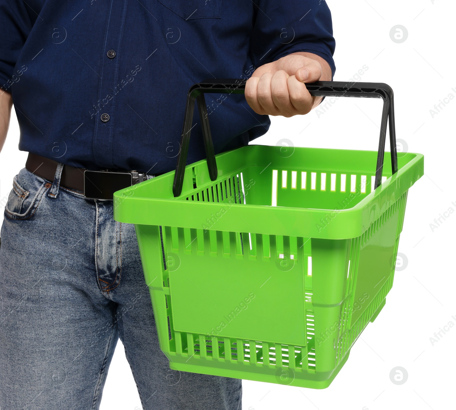 Man with empty shopping basket on white background, closeup Photo of Man with empty shopping basket on white background, closeup