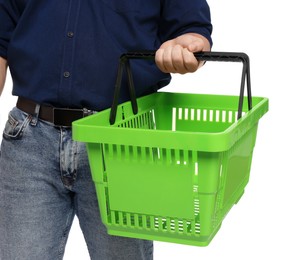Photo of Man with empty shopping basket on white background, closeup