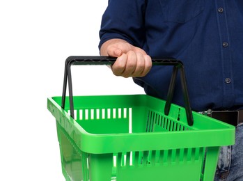 Photo of Man with empty shopping basket on white background, closeup