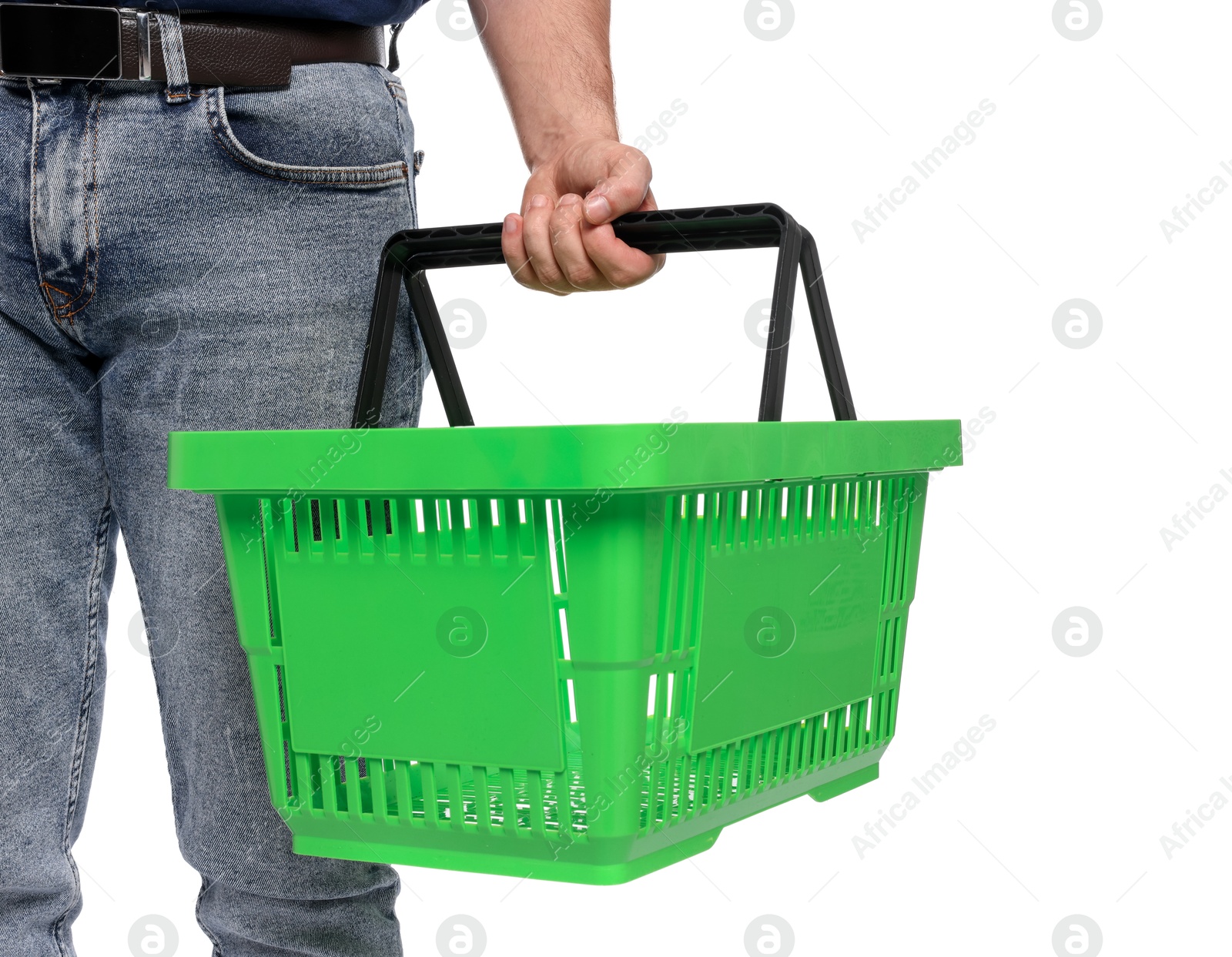 Man with empty shopping basket on white background, closeup Photo of Man with empty shopping basket on white background, closeup