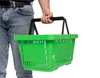 Photo of Man with empty shopping basket on white background, closeup