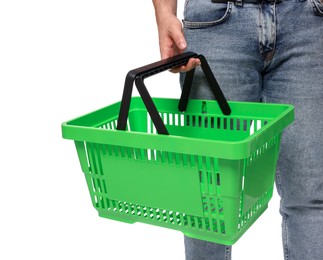 Photo of Man with empty shopping basket on white background, closeup