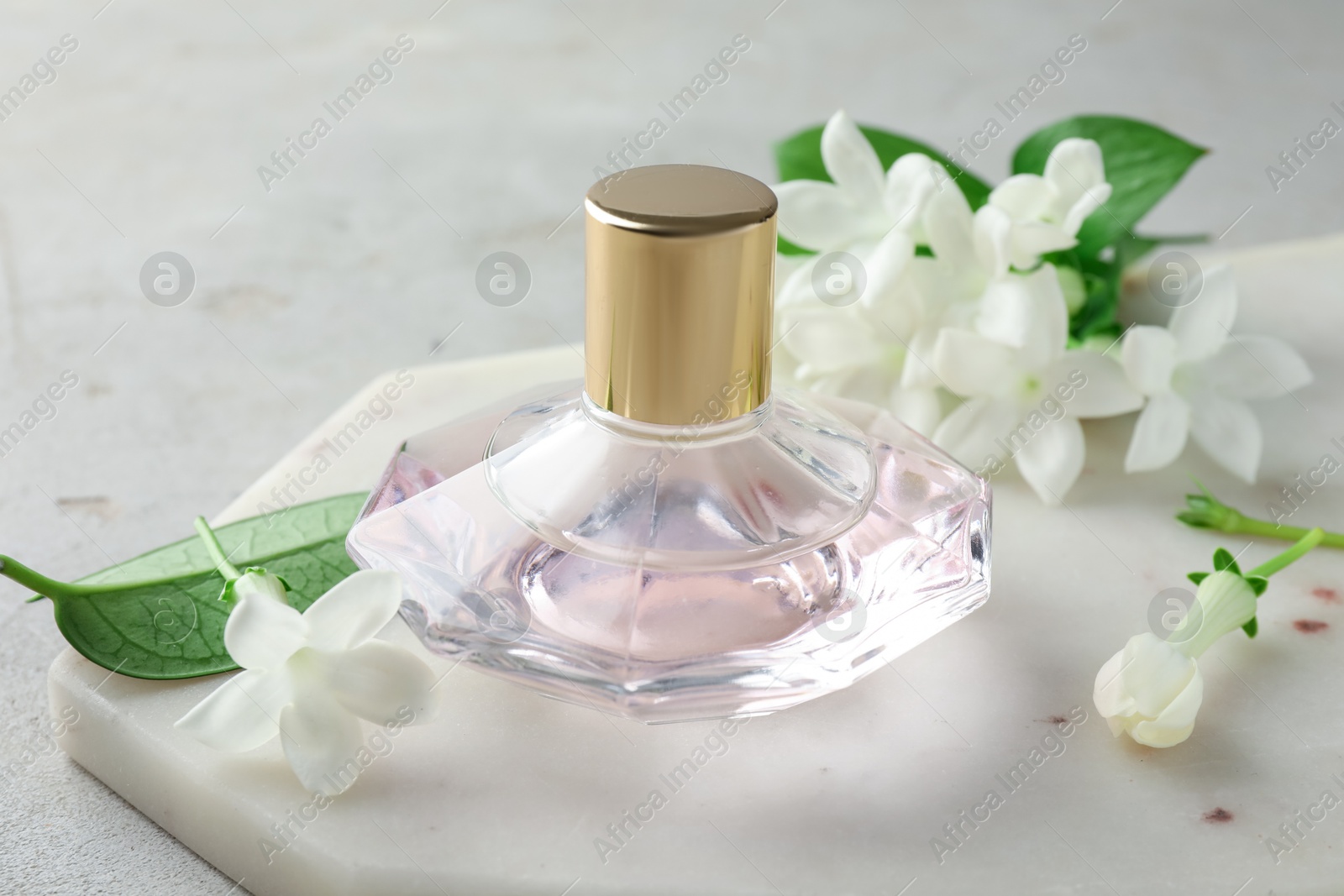 Perfume and jasmine flowers on light grey table, closeup Photo of Perfume and jasmine flowers on light grey table, closeup