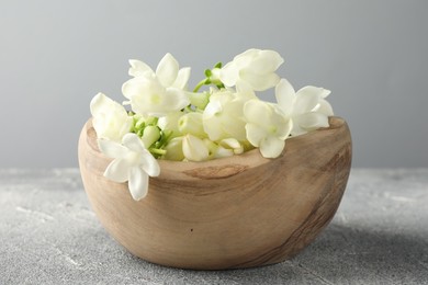 Photo of Beautiful jasmine flowers in bowl on grey table, closeup