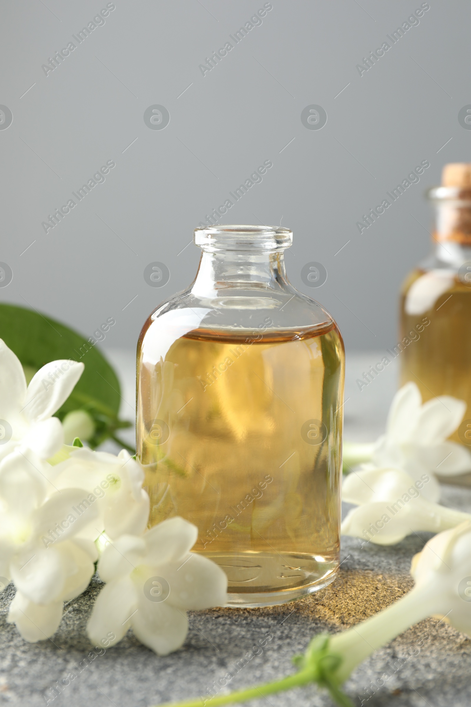 Bottles of essential oil and jasmine flowers on grey table, closeup Photo of Bottles of essential oil and jasmine flowers on grey table, closeup