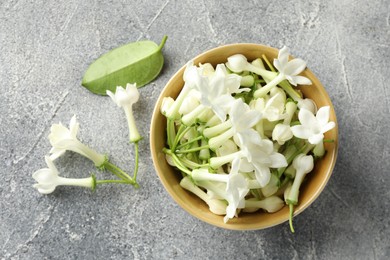 Photo of Beautiful jasmine flowers in bowl on grey table, flat lay