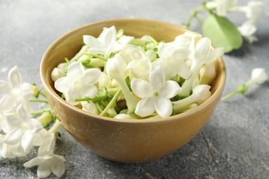 Photo of Beautiful jasmine flowers in bowl on grey table, closeup