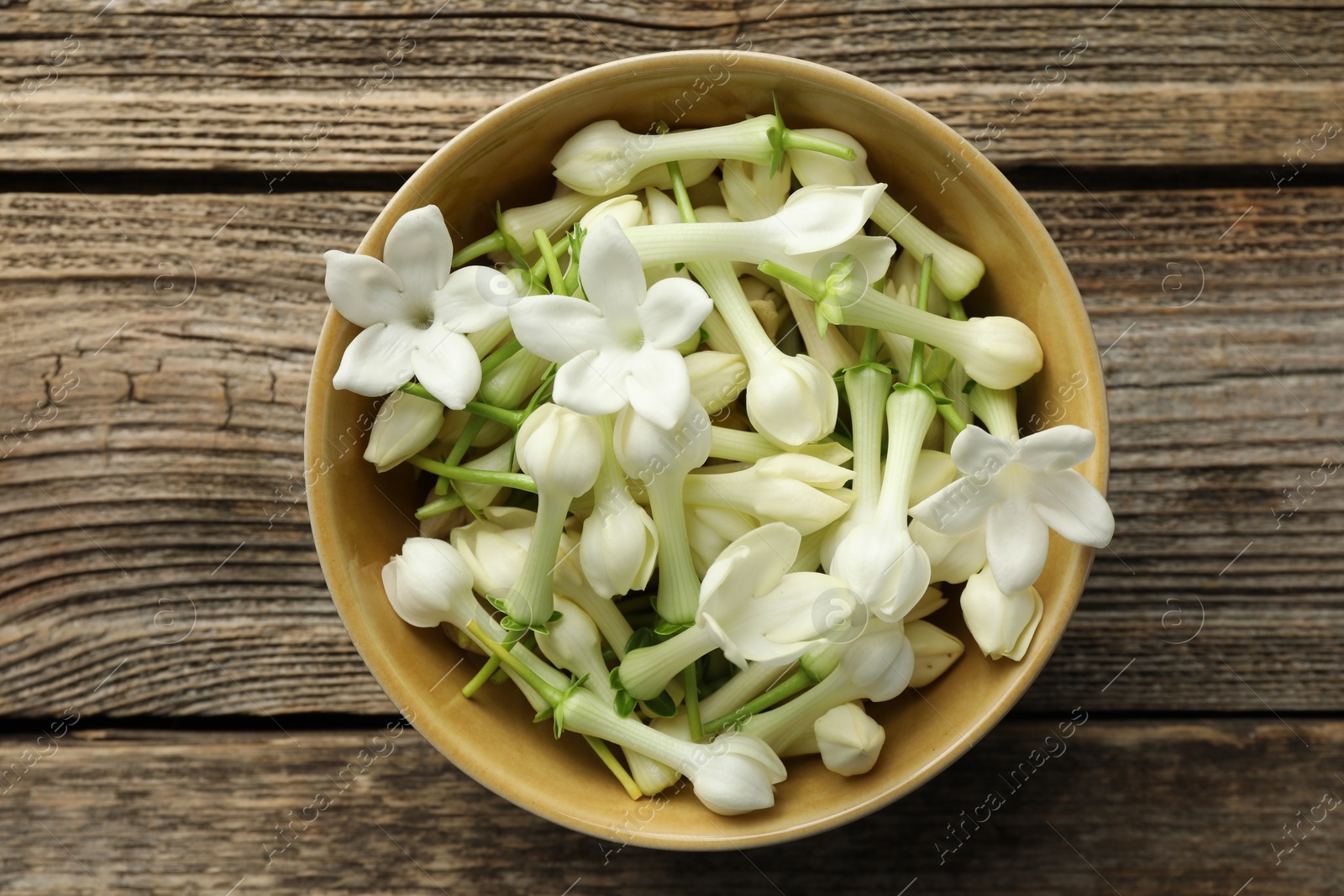 Beautiful jasmine flowers in bowl on wooden table, top view Photo of Beautiful jasmine flowers in bowl on wooden table, top view