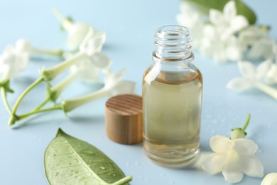Photo of Bottle of essential oil and jasmine flowers on light blue background, closeup