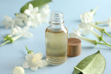 Photo of Bottle of essential oil and jasmine flowers on light blue background, closeup