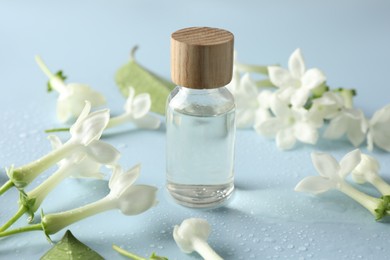 Photo of Bottle of essential oil and jasmine flowers on light blue background, closeup