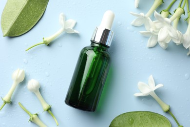 Photo of Bottle of essential oil, jasmine flowers and green leaves on light blue background, flat lay