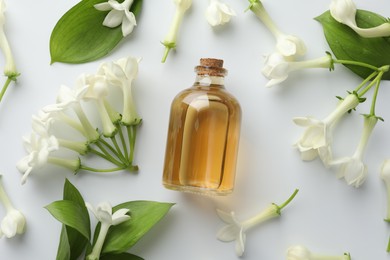 Photo of Bottle of essential oil, jasmine flowers and green leaves on white background, flat lay
